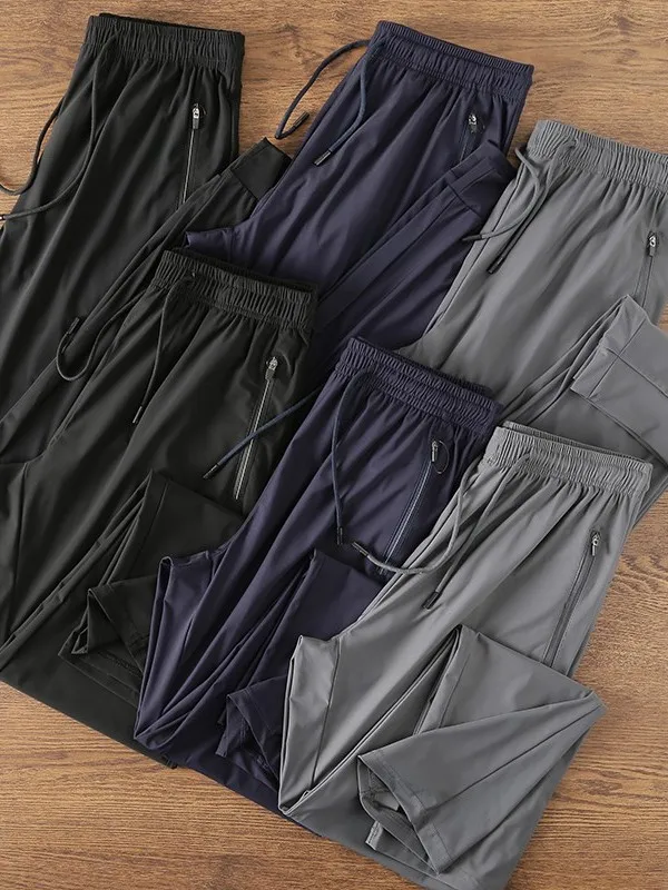 

Легкие спортивные повседневные брюки из ледяного шелка для мужчин, дышащие эластичные прямые брюки, летние модные городские брюки, чистый цвет