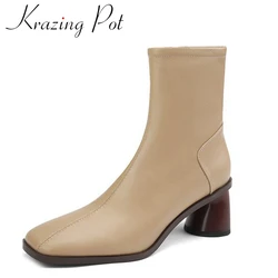 Krazing Pot New Arrival Cow Leather Square Toe Thick High Heels Chelsea Boots Gentlewomen Simple Style Joker Zipper Ankle Boots