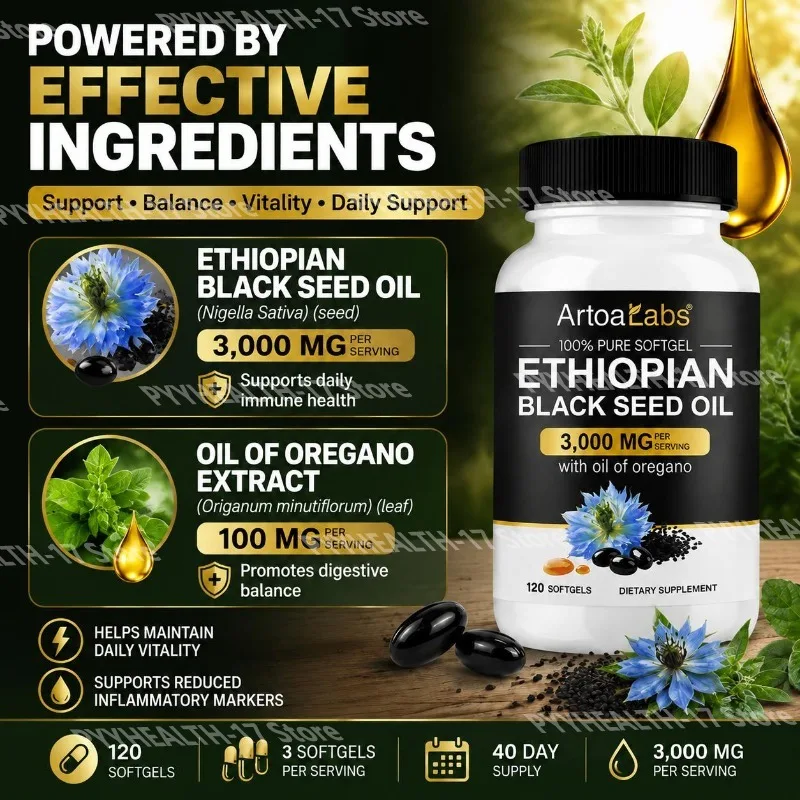 ArtoaLabs Ethiopian Black Seed Oil Softgels with Oil of Oregano Daily Support for Immune Health and Daily Vitality 120 Softgels