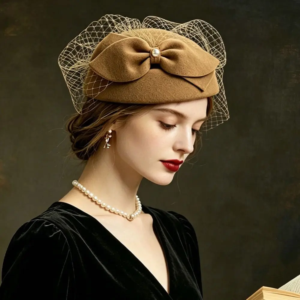 Woolen Top Hat French Style Bow Fedora Hat Fedoras Elegant Pillbox Hat Solid Color Dome Medicine Box Hat Performances