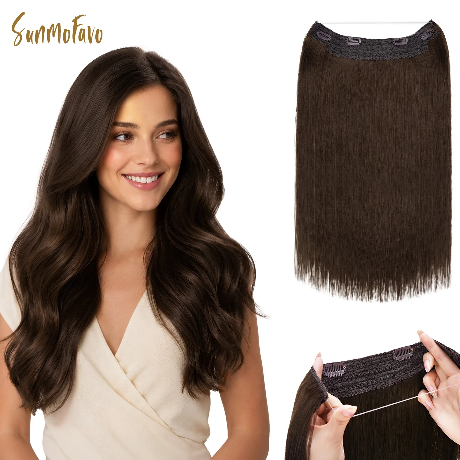 Sunmofavo Halo Hair Extensions, 100% Brazilian Remy Human Hair, Cuticle Aligned No Tangling, 4A Chocolate Brown, Adjustable Clips with Invisible Fish Wire Fastening, Versatile for Diverse Hairstyle Styling, 1-Minute Application Instant Beauty