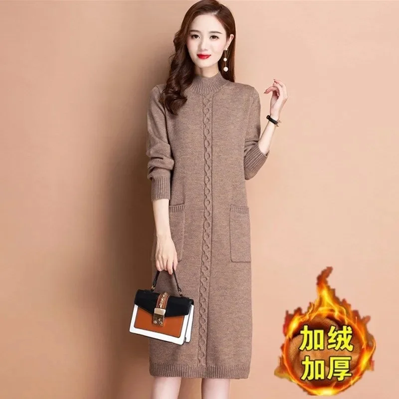 Autumn Winter Women Knit Dress New Long Sleeve Party Midi Dress Ladies Half High Collar Loose Elegant Knitted Sweater Dresses