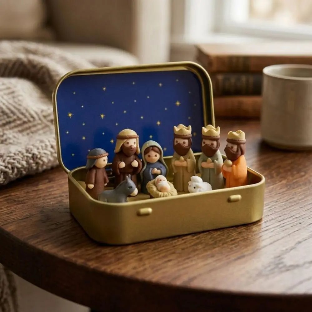 Metal Tin Box Mini Christmas Trough Set Hand Painted Holy Family Nativity Manger Scene Kit 3D Printed Shepherd Animal