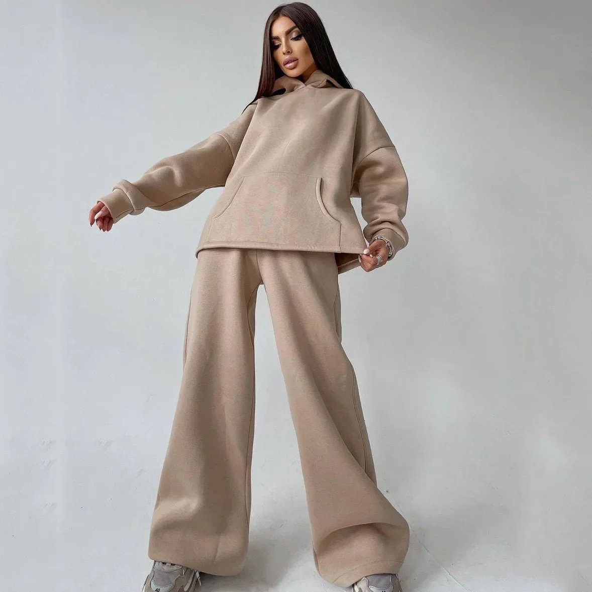 Women Two Piece Sets Pant Sets Hooded Loose Matching Sets Sweatshirts Hoodies Splice Autumn Winter Tracksuit Long Pants Set