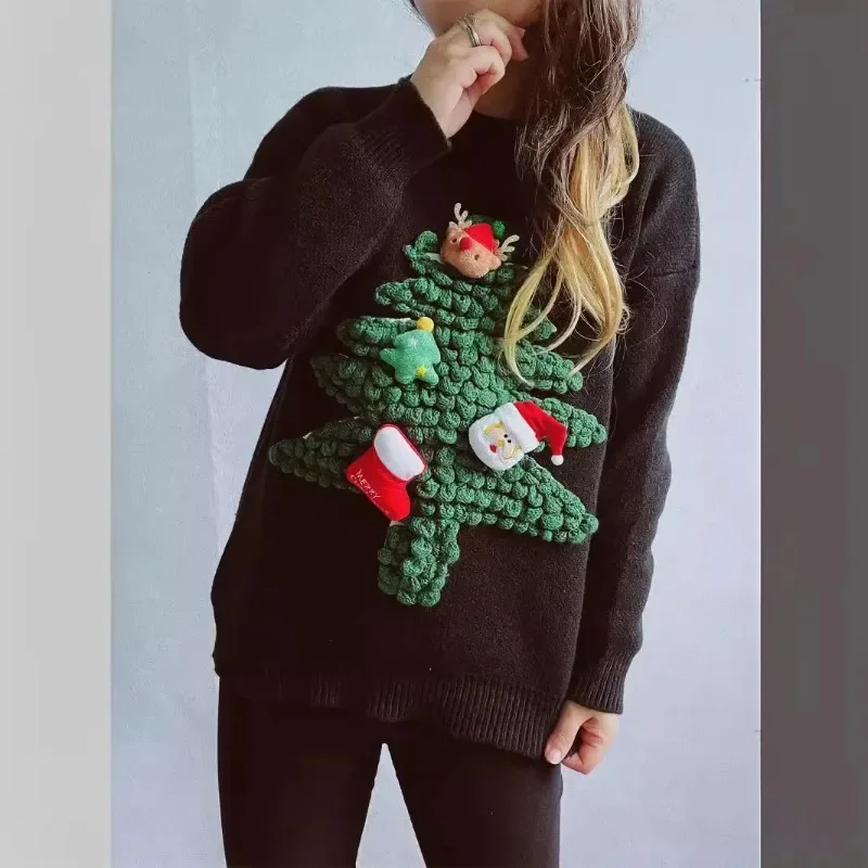 Autumn/winter New American Style 3D Flocking Christmas Tree Red Sweater Loose-fit Christmas Sweater New Year for Women