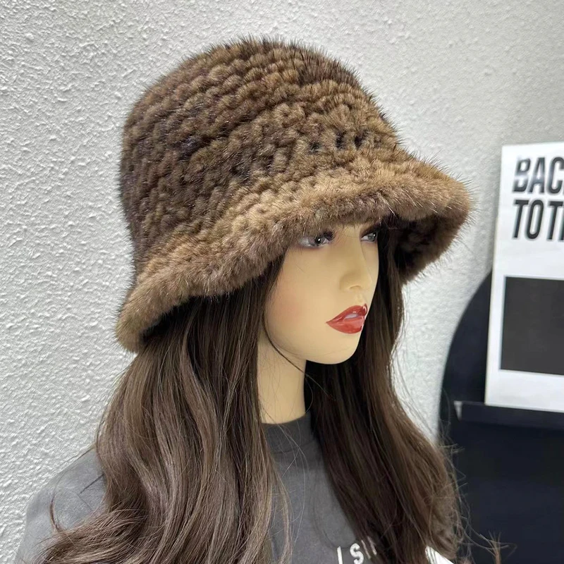 Real Mink Fur Fisherman Hat For Women Winter Adjustable Knitted Fur Hat Luxury Natural Mink Fur Bomber Cap