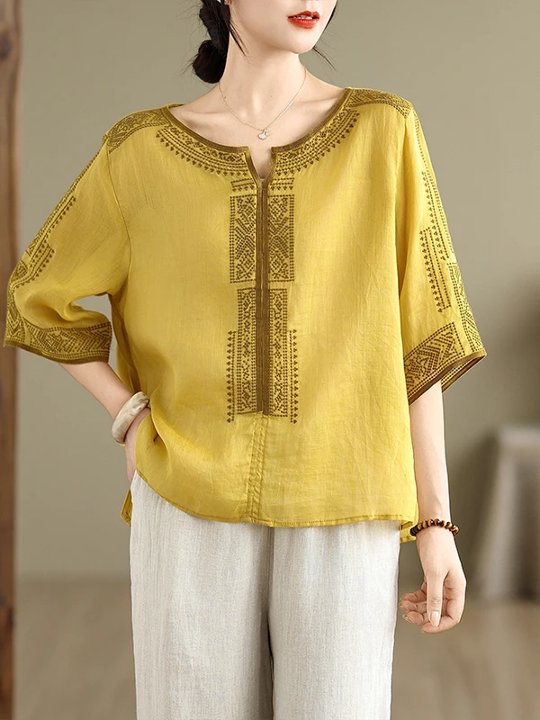 

Loose Fit Embroidered Linen Women's Summer round Ne Five Sve Vintage Casual Color Breathable irt Casual Sle