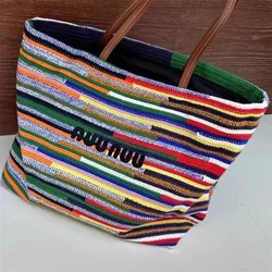 Bolso de playa de color para mujer, bolsa grande con diseño de arcoíris, a rayas, tejido a mano, novedad de 2024