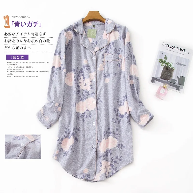 2024 Autumn Casual Cartoon Sleep Dress Ladies 100% Cotton Nightgown Long Sleeve Turn-down Sleepshirt Women Plus Size Home Dresse