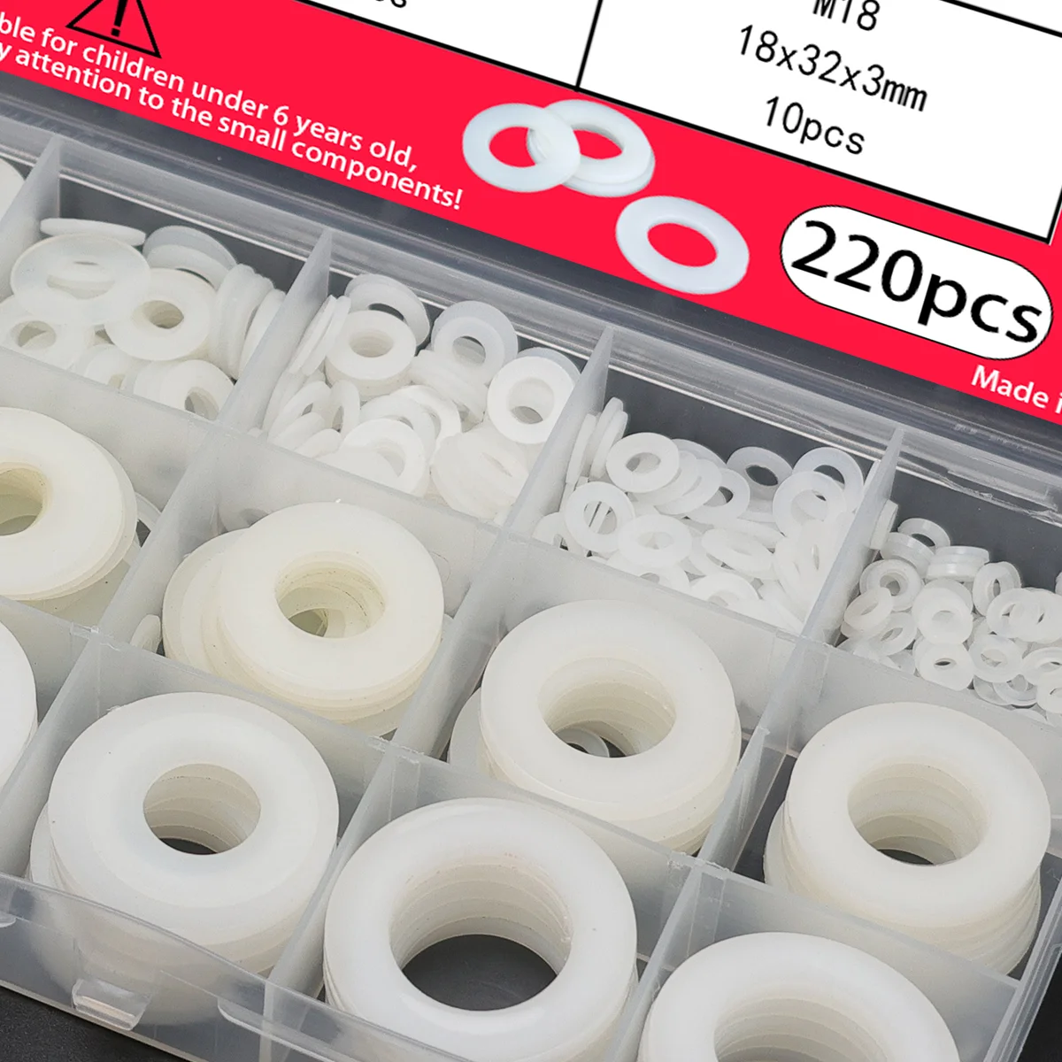 220-teiliges flaches Unterlegscheiben-Set aus weißem Nylon: Größen M2-M18, Kunststoff-Nylon-Unterlegscheiben, flache Unterlegscheiben aus Kunststoff, O-Ringe. – Detail 3