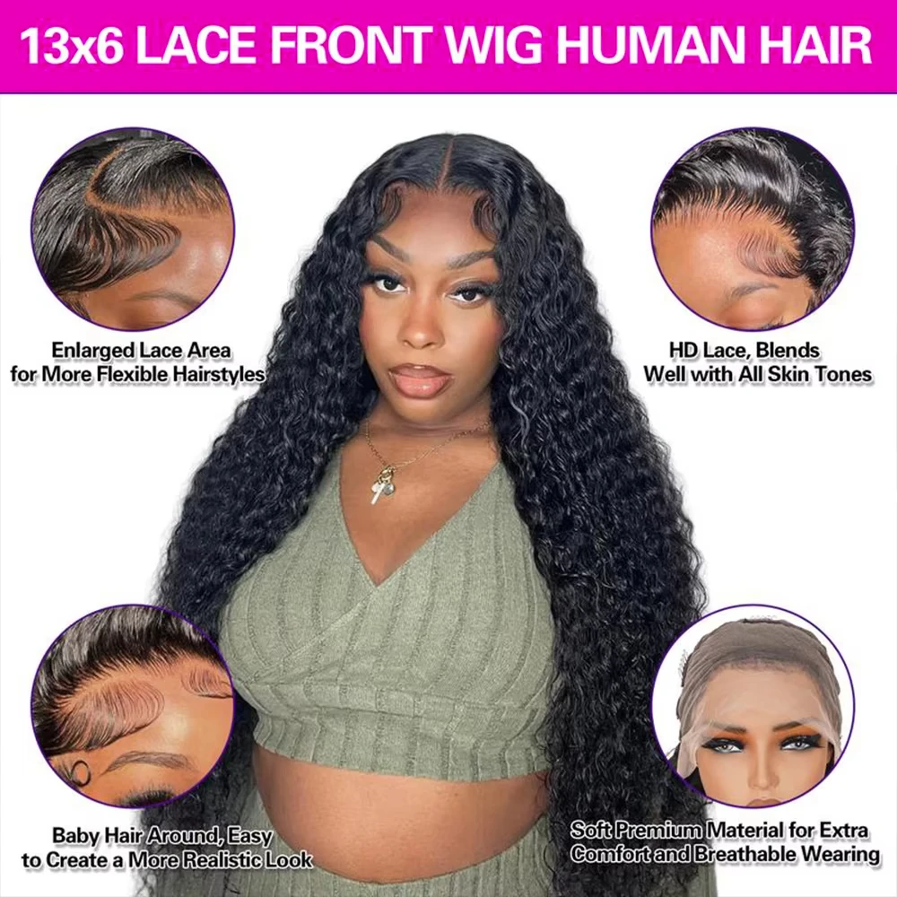 30 40 بوصة موجة عميقة باروكة من شعر طبيعي 250% الكثافة 13x6 شفافة HD الدانتيل الجبهة خصلات الشعر المستعار الإنسان مجعد الدانتيل شعر مستعار أمامي للنساء