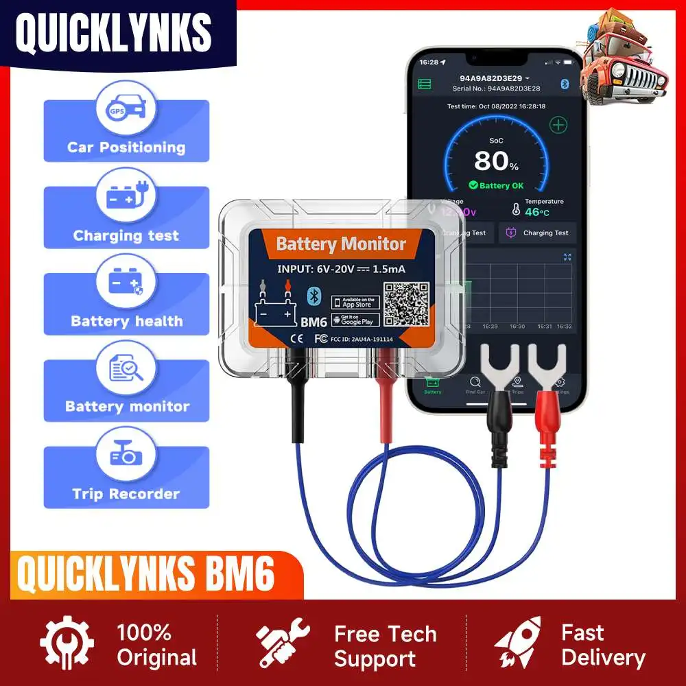 QUICKLYNKS BM6 Bluetooth 4.0 Car Battery Monitor 12V Battery Tester Charging Cranking Test Battery Analyzer APP for Android IOS