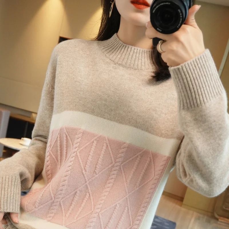 Women Color Block Cable Knit Sweater Mock Neck Loose Drop Shoulder Wool Blend Pullover Fall Winter Knit Base Top