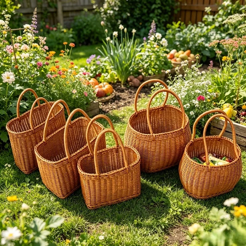 Handwoven Imitation Rattan Tote Bag Retro Boho Basket for Beach Travel Picnic Grocery & Daily Use Shopping Home Storage Baskets