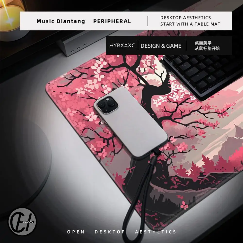 900x400 Black and white Japan style watercolor cherry blossom mouse pad non-slip rubber base with stitched edges for home office