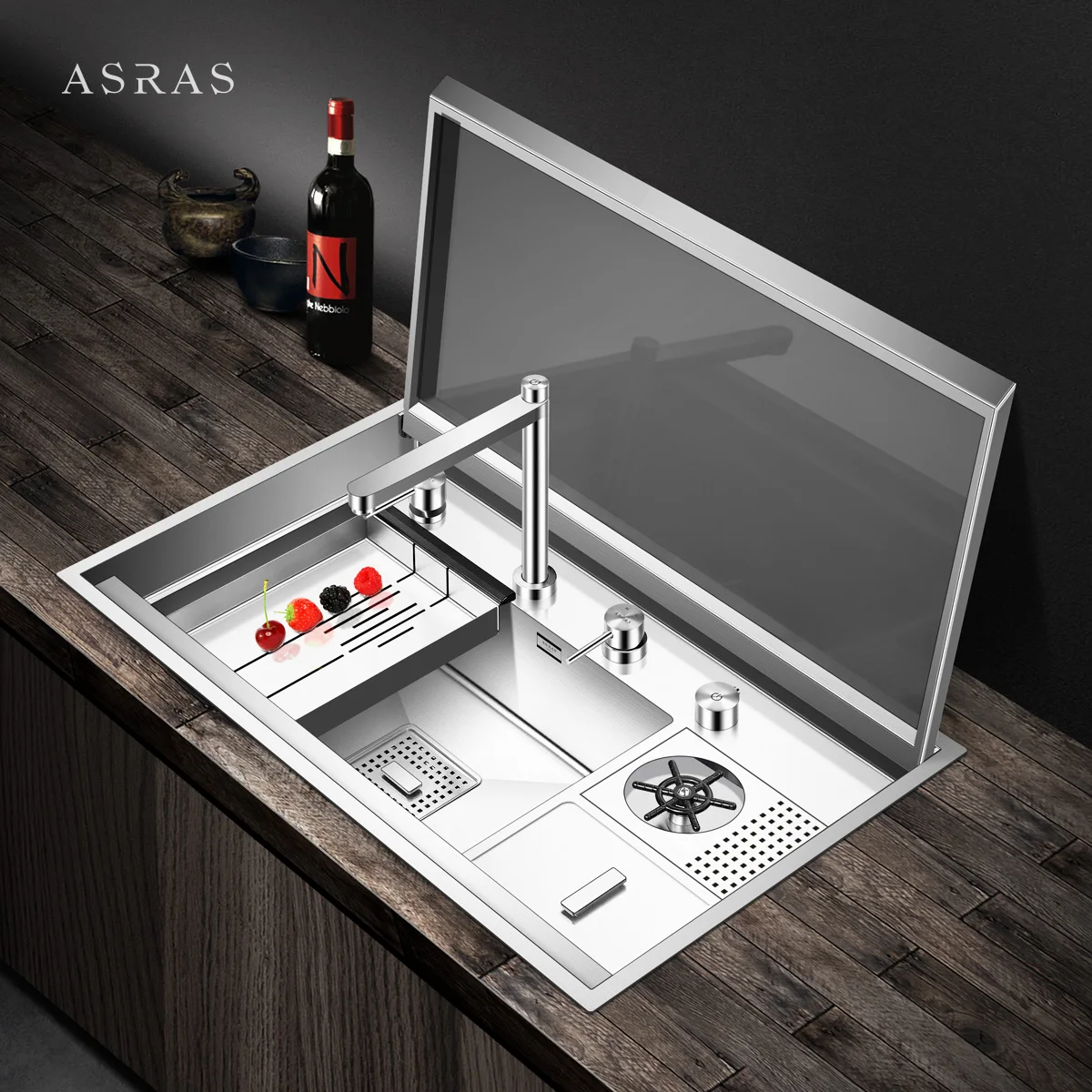 ASRAS 8250X Hidden 304 Stainless Steel Kitchen Sink, Multifunctional Lifting Faucet, Cup Cleaning Device, Independent Trash Can