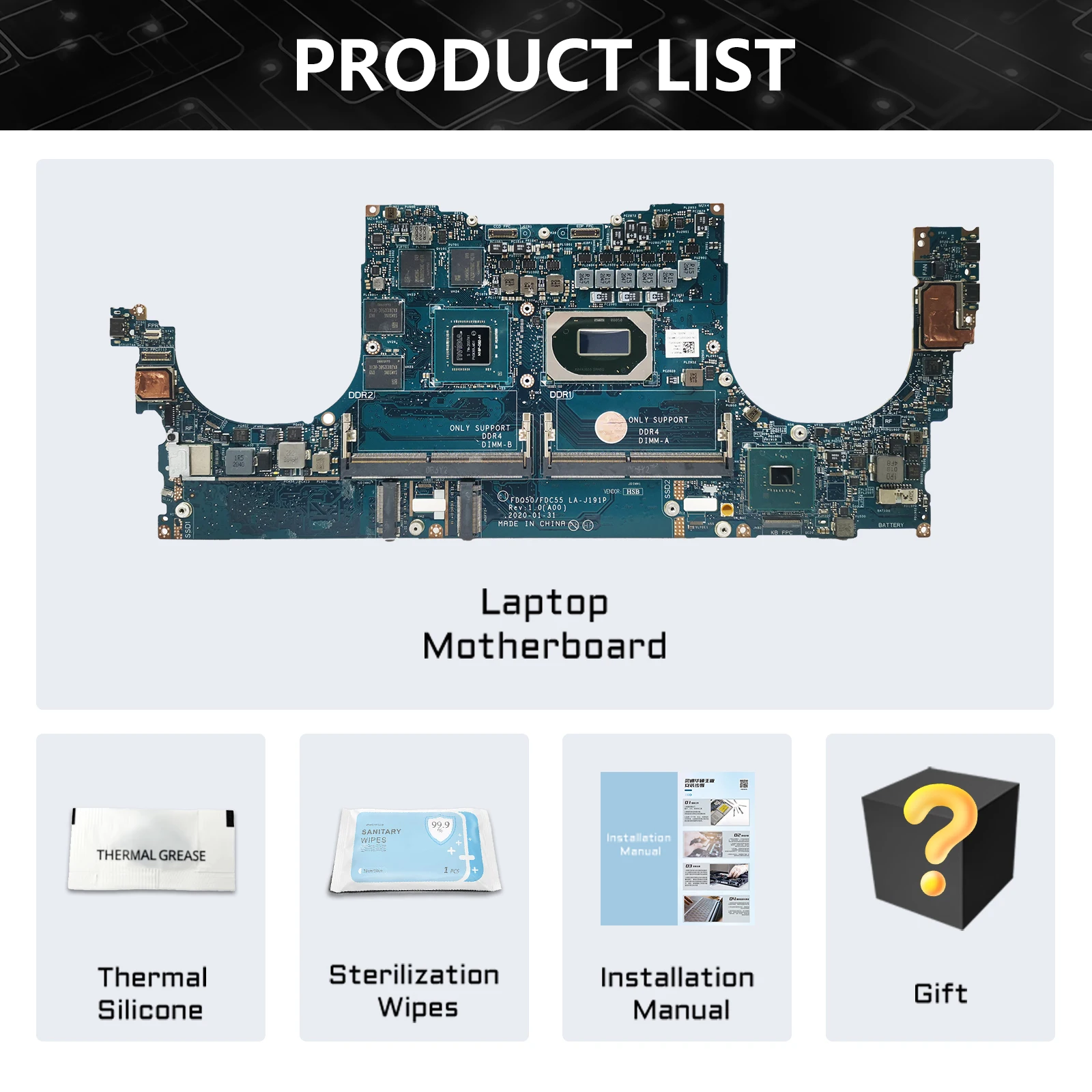 Laptop Motherboard LA-J191P For DELL 9500 CN-0PC4XF CN-0RHXRG CN-0FX5RH CN-0T1KFX CN-0477DC With I5 I7 CPU GTX1650TI T2000