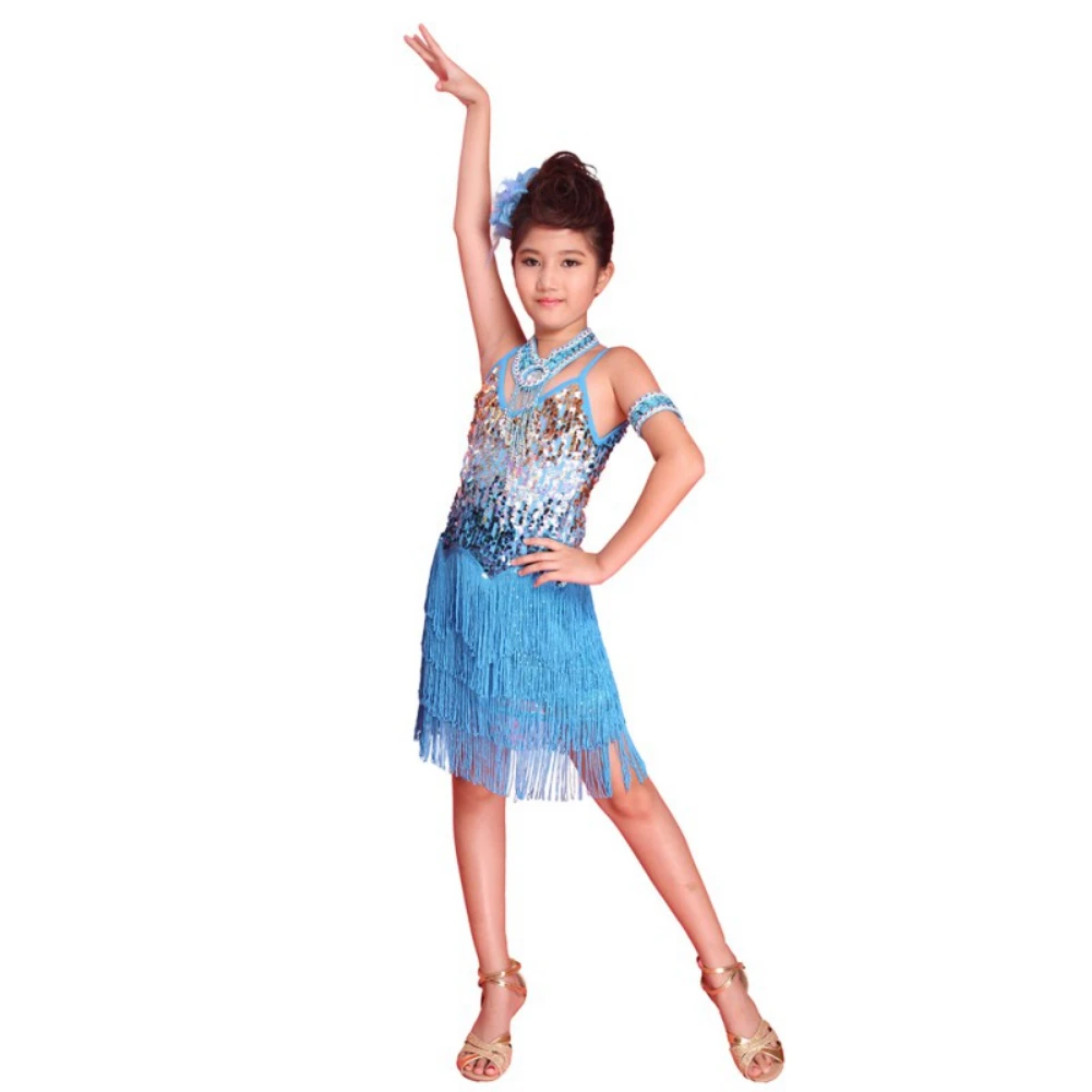 Children Sequined Latin Ballroom Dance Dress Girls Fringe Dancewear Costumes Performance Clothes