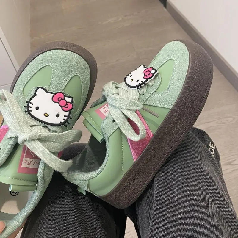 Hello Kitty Green New Co-Branded Big Head Women's Shoes Thick Bottom Canvas Shoes 35-40 Size Anime Toys for Children Girl Gifts