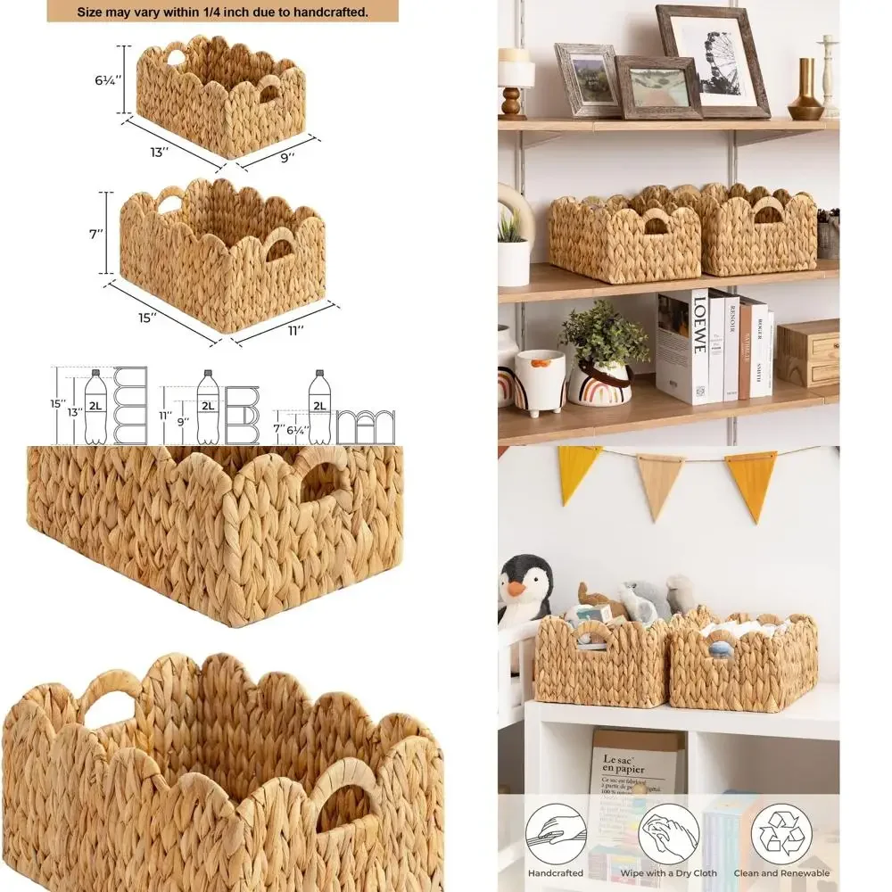 

Плетеная корзина с зубчатыми краями, корзины из ротанга ручной работы со встроенными ручками, корзина с гиацинтом для организации и декора, 2 шт.