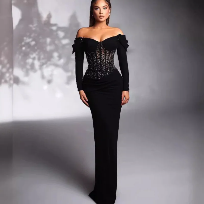 2025 nouveauté robe femme automne luxe strass Sexy pure épaules dénudées robe noire à la mode élégante robe de soirée