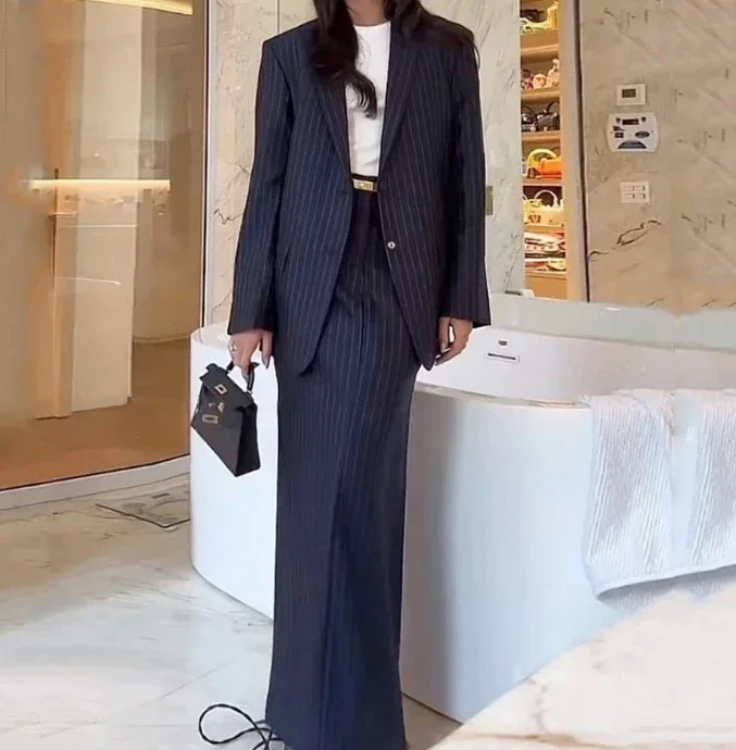 Two Piece Set Women Outfit  Autumn Stripe Notch Collar Long Sleeved Loose Blazer & Temperament Commuting Long Skirt Set