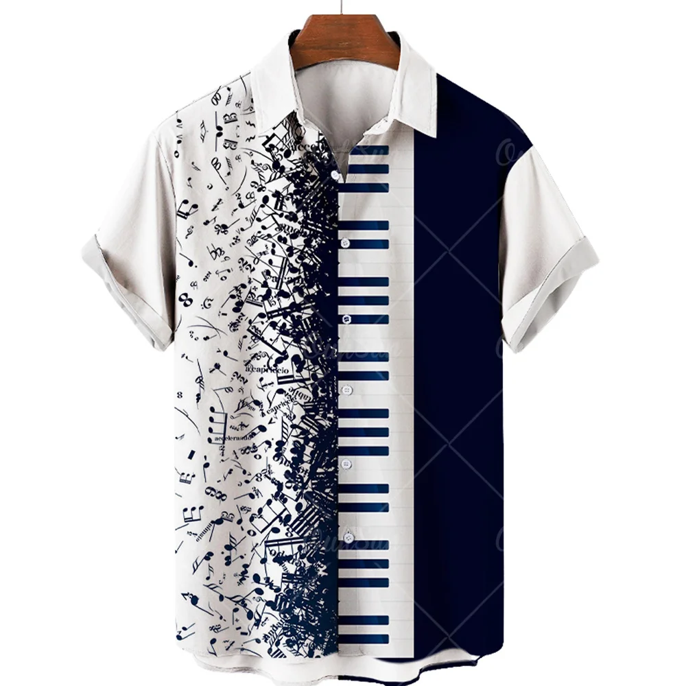 Hawaiian Shirt with Musical Guitar Print for Men, Musical Party Short Sleeve Shirt for Beach, Hip Hop, Harajuku, Large Size Top