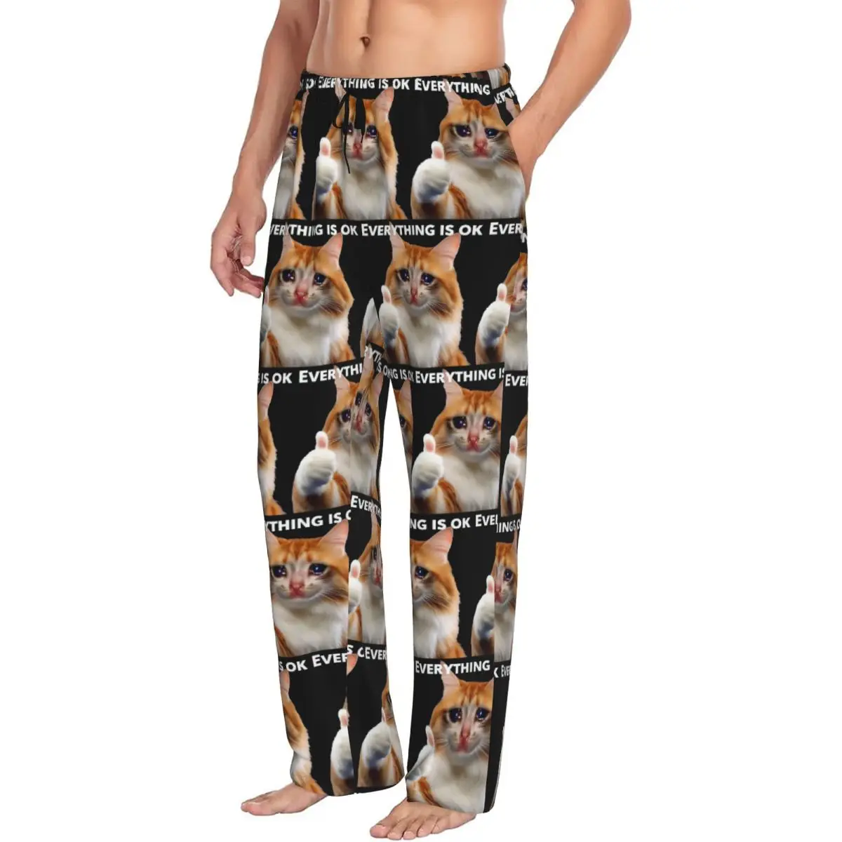Custom Everything's Ok Crying Cat Memes Men Pajama Pants Lounge Sleep Sleepwear Bottoms with Pockets