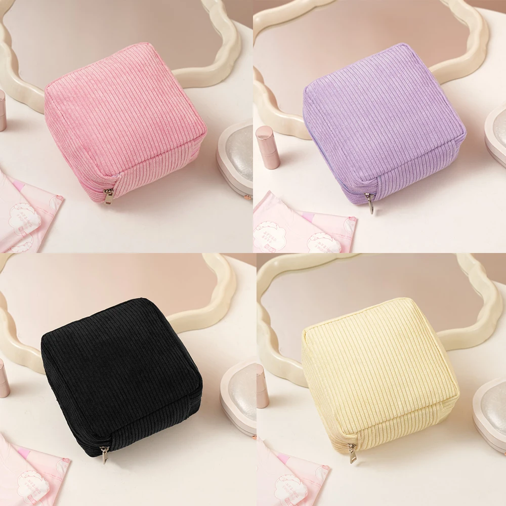 Small Makeup Bag for Purse Mini Cosmetics Bag Corduroy Cute Cosmetic Pouch for Women with Slip-in Pockets Storage Clutch