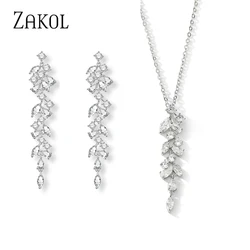 ZAKOL Classic AAA Cubic Zirconia Tassel Leaf Pendant Necklaces for Women Elegant Bridal Wedding Party Jewelry Accessories