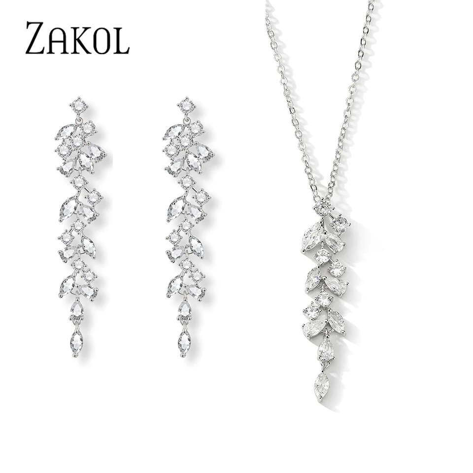 ZAKOL Classic AAA Cubic Zirconia Tassel Leaf Wisiorek Naszyjniki dla kobiet Eleganckie ślubne wesele Biżuteria Akcesoria