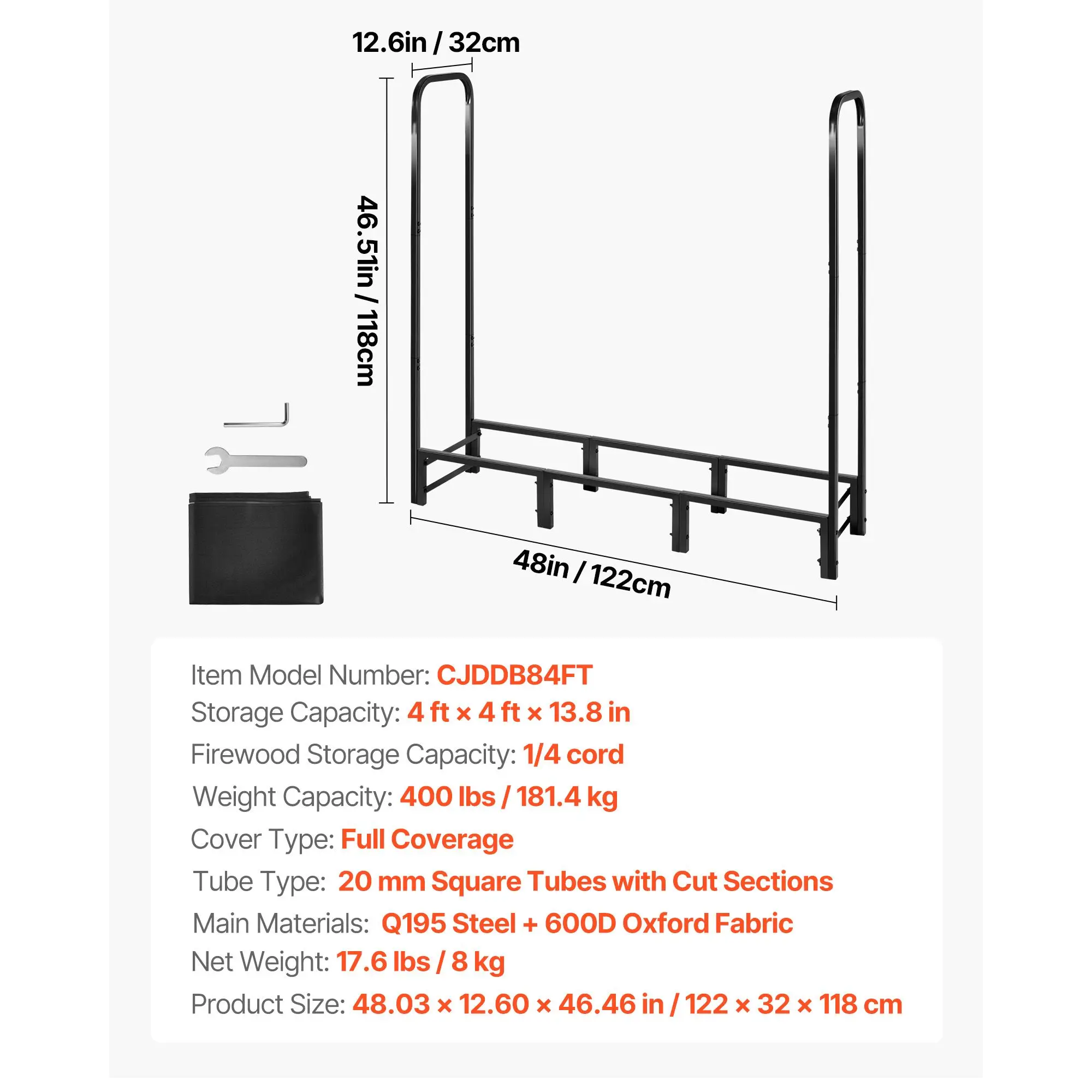 Firewood Rack with Waterproof Cover, 4 ft Outdoor Firewood Holder, 1/4 Cord Storage Metal Log Holder, 400lb Max Weight Capacity, Full Covered, Powder-Coated Wood Storage Rack for Fireplace Deck