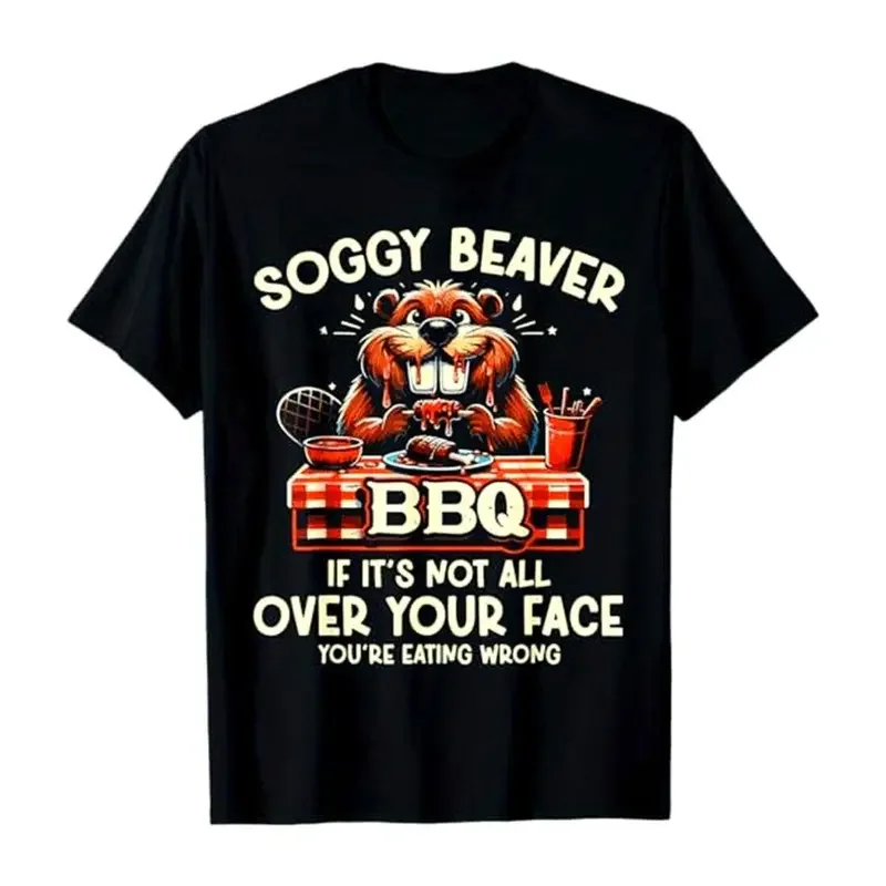 Men's Short-Sleeve Crew Neck Tee - 100 Cotton Clothing, Wash-Wear, Soft Soggy Beaver BBQ Graphic (