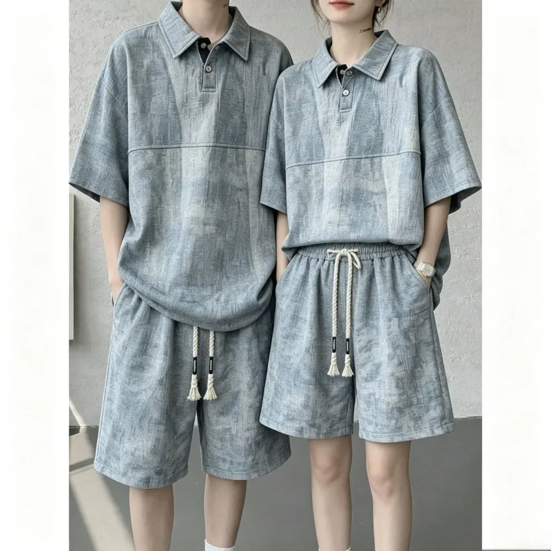 

Couple Washed Texture Two Piece Suit Lapel Half Button Short Sleeve Top Tassel Drawstring Shorts Casual Tracksuit