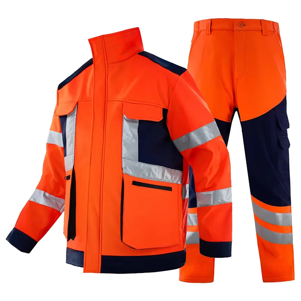 Reflective Safety Jacket High Visibility Winter Jacket and Pants Working Clothes Uniform Set Construction Site Hi Vis Workwear