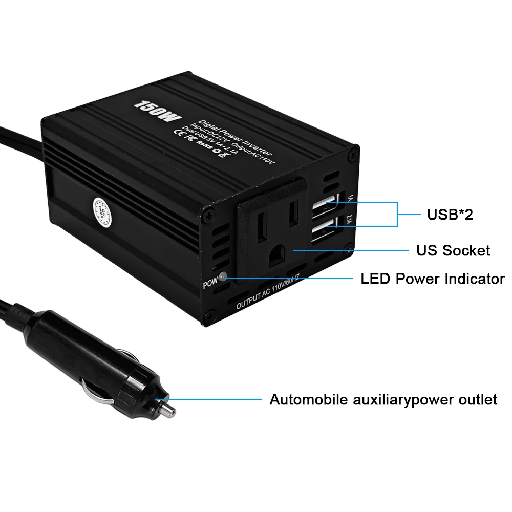 Transformador automático do carro com Dual USB US Socket, Conversor de energia, 150W, DC para AC, 12V a 110V, Adaptador para carro, Dropship