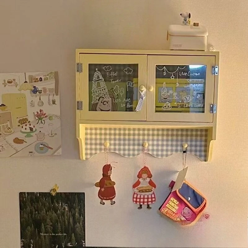 

Kawaii Wooden Hanging Cabinet Wall-Mounted Storage Box Wall Decor Shelf Office Dressing Table Sundries Cosmetics Organizer Cute