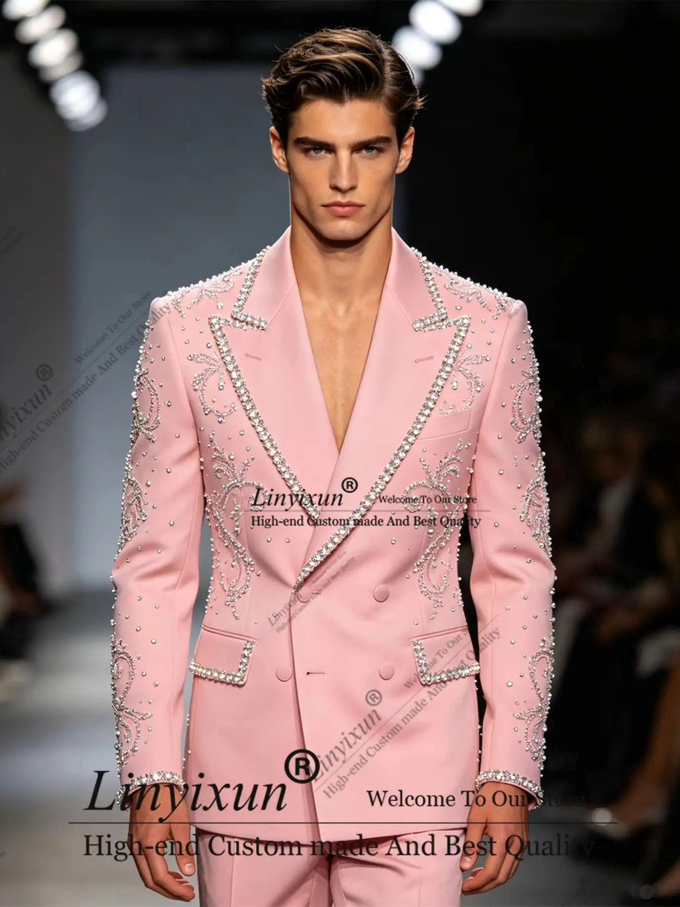 Luxury Rhinestons 2 Piece Set Male Prom Blazers Customized Peaked Lapel Wedding Groom Tuxedos Slim Fit men's suits and separates