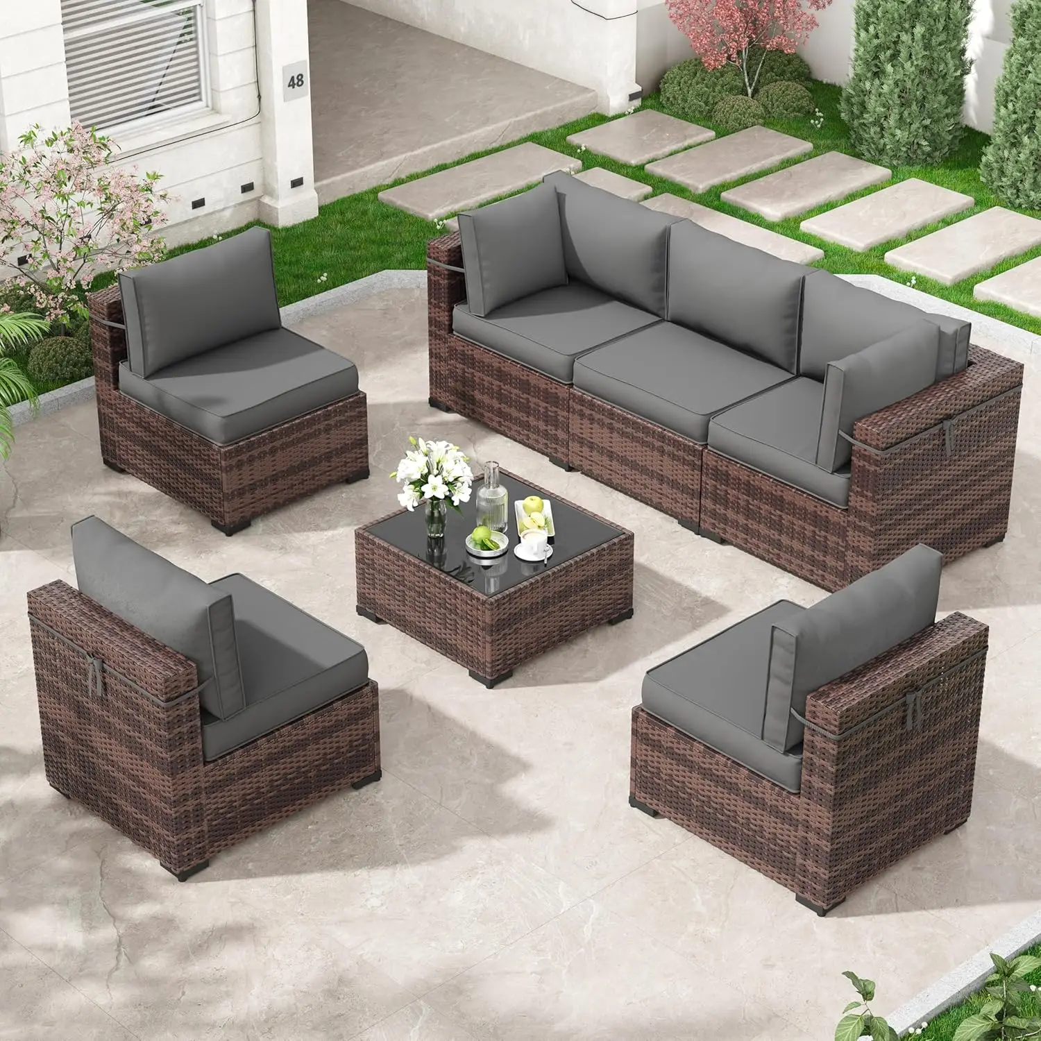 

Amopatio 7 Pieces Patio Furniture Set, Outdoor Furniture Sectional Rattan Sofa Sets, Patio Couch with Glass Coffee Table for Bac