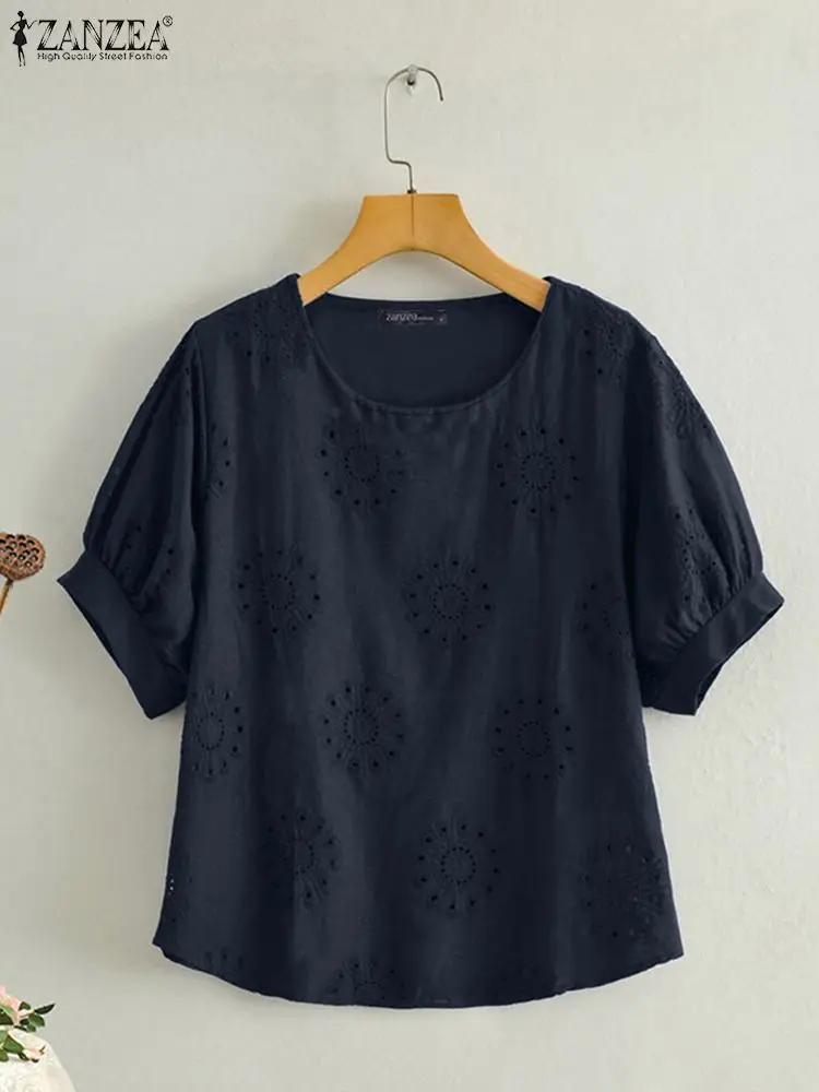 Zanzea Mode Sommer o Hals Kurzarm Bluse Frauen Spitze Häkel hemd elegante Aushöhlung Tops solide Urlaub Blusas Hemd