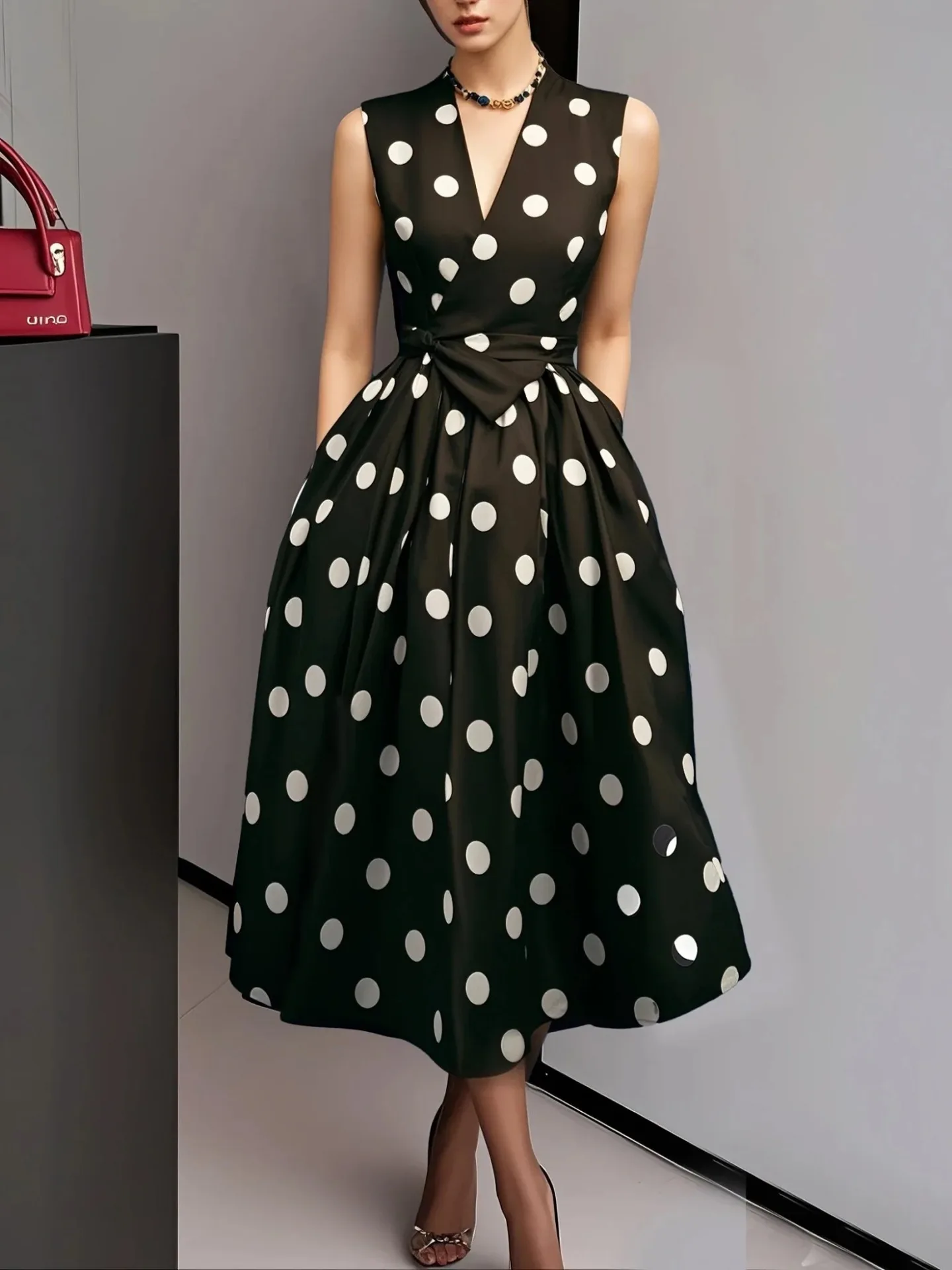 Sukienki letnie damskie bez rękawów retro Hepburn w kropki z dekoltem w serek czarno-białe pin up na imprezę sznurkowe szerokie sukienki typu swing