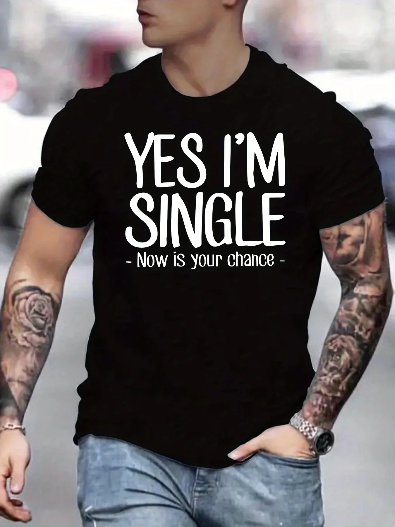[Summer Tee] Polyester Men's White T-Shirt | "Yes, I'm Single - Now is Your Chance" Tattooed Arms Design