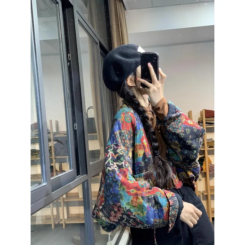 Printed Linen Cotton Jacket, Ethnic Style Cotton Clip Thick Short and Thin Jacket, Women\'s Autumn and Winter 2024 Style