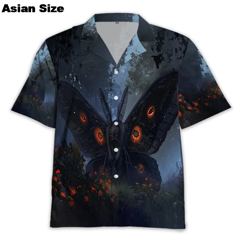 Vintage Moth Graphic Short Sleeve Shirts For Men Clothes Horror Beach Shirt 2025 Summer Lapel Blouse Harajuku Fashion Blouses