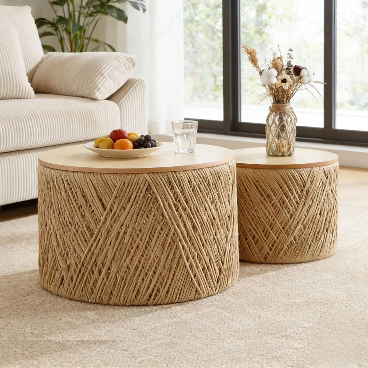 Round Wooden Nesting Coffee Table Set of 2, Natural, Customized