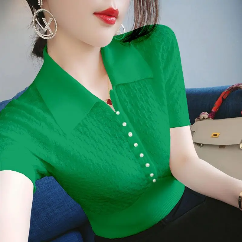 Women's Summer Knitted Short Sleeve T-Shirt Student Korean Slim Fit Large Size Backing Shirt POLO Neck Hollow Top