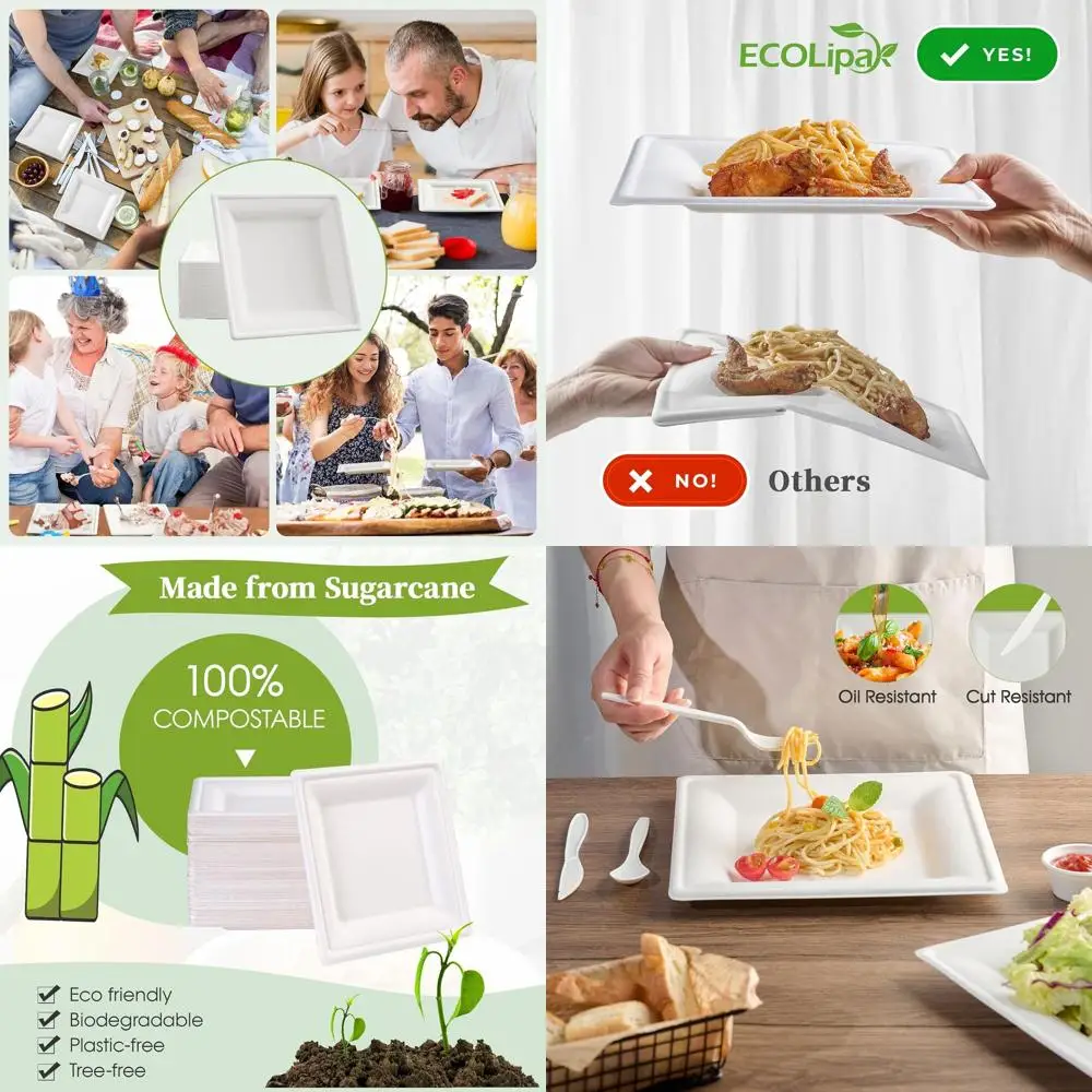 

10 Inch Square, 300 Pack Sugarcane-Based Compostable Paper Plates, Heavy Duty Eco-Friendly White Plates for Parties and Dinners