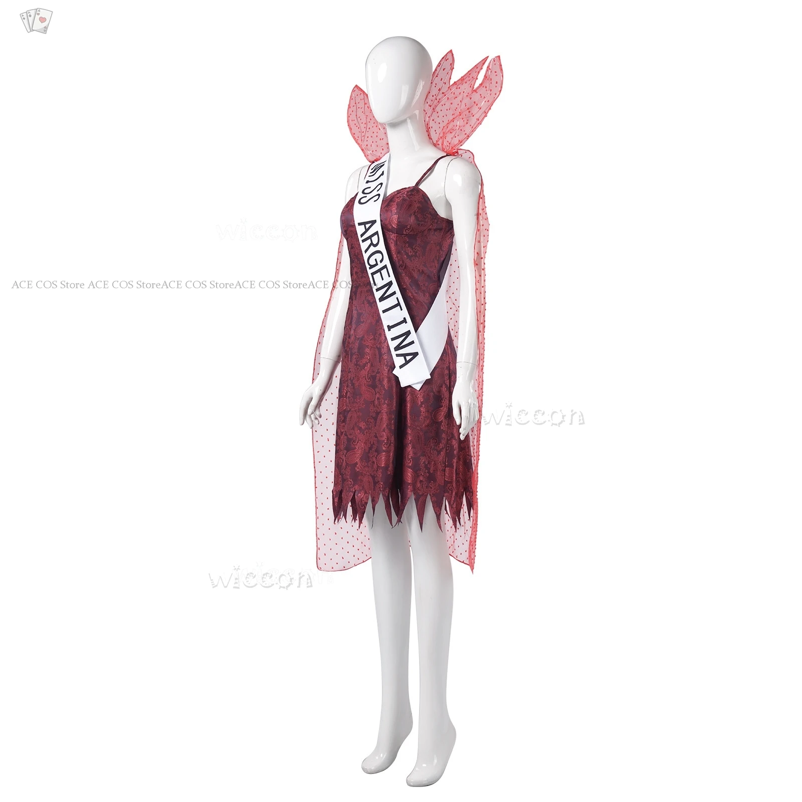 Rote Portugiesisch Miss Argentinien tot Rezeption Cosplay Kostüm Kleid Umhang Perücke Frauen sexy Cosplay Halloween Party Anzug 2024 Film