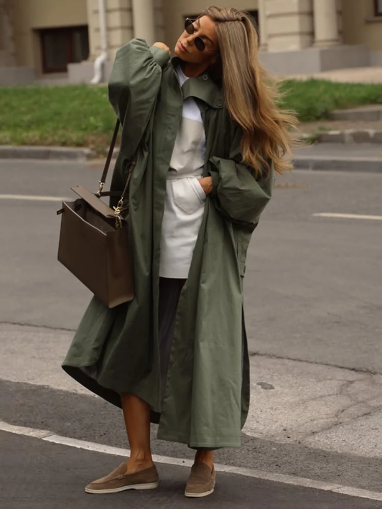 Damen Loser Drapierter Trenchcoat mit Stehkragen, Laternenärmeln, Seitenschlitz, Einreihig, Lässige Oberbekleidung, Stilvoller Alltagsmantel für Damen – Detail 6