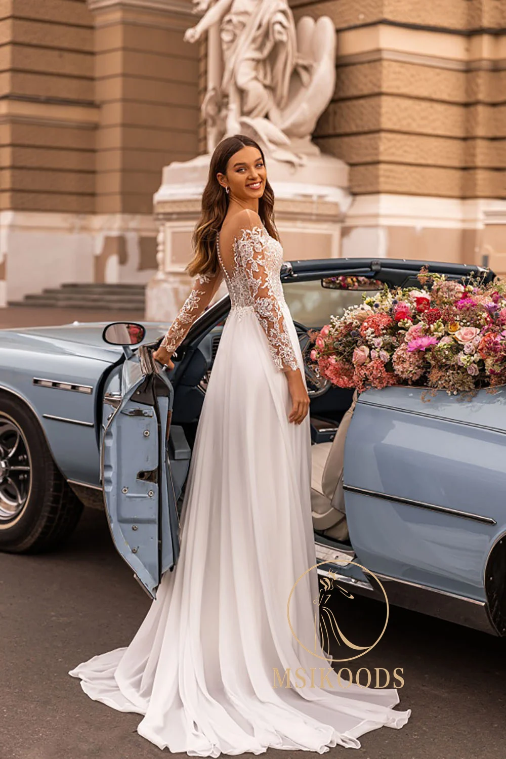 미스쿠드 맞춤 제작 2025 레이스 웨딩드레스 긴팔 일루젼 비치 신부 드레스 보헤미안 V넥 하이 슬릿 A라인 웨딩 가운
